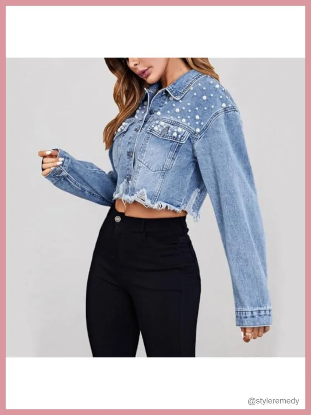 Pearl Beaded Cropped Denim Jacket Women Distressed Frayed Hem Shacket